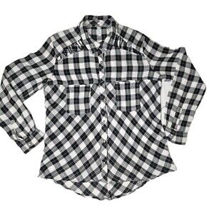 Free‎ People Medium Shirt Women Black White Plaid Snap Up Long Sleeve Top